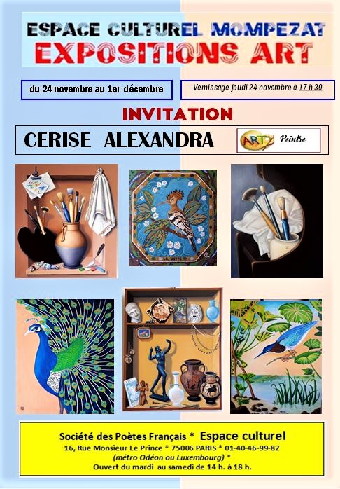 affiche de l'exposition de cerise alexandra à l'espace culturel Mompezat de la Société des Poètes Français